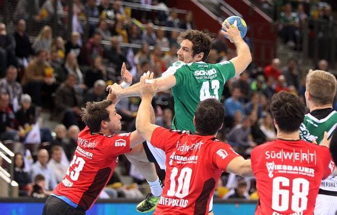 v.li.: Jan Asmuth (SG BBM Bietigheim), Benedikt Brielmeier (DJK Rimpar Wölfe), Panagiotis Erifopoulos (SG BBM Bietigheim), Max Emanuel (SG BBM Bietigheim), Jan Schäffer (DJK Rimpar Wölfe), DKB 2. Handball-Bundesliga, SG BBM Bietigheim - DJK Rimpar Wölfe,