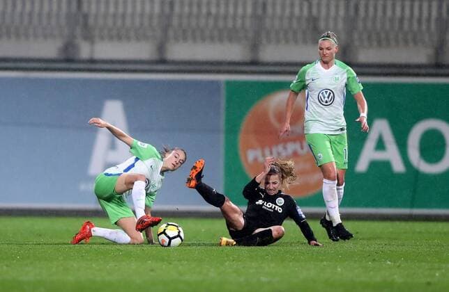 Tessa Wullaert (VfL Wolfsburg), Groenen, Jackie (1. FFC Frankfurt), Alexandra Popp (VfL Wolfsburg)