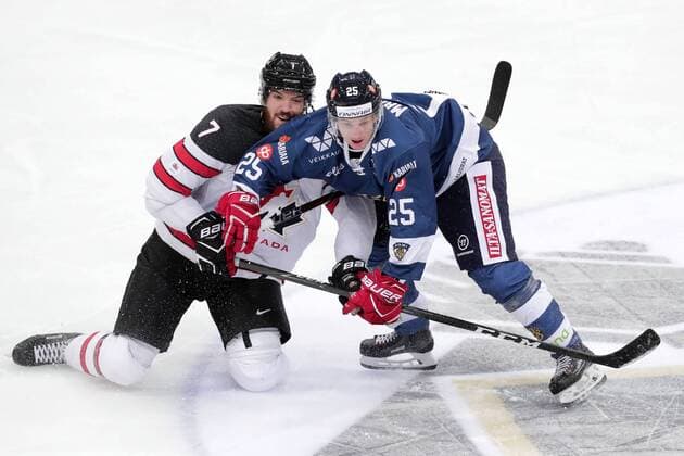 Simon Despres 7, Canada and Sakari Manninen 25, Finland during their Icehockey Karjala tournament Finland - Canada match in Hartwall Arena 12. November 2017 in Helsinki, Finland.  Copyright: xMattixMatikainenx NP24_00020390