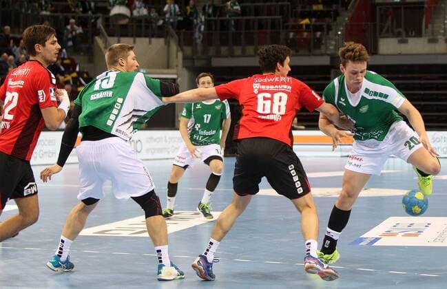 v.li.: Paco Barthe (SG BBM Bietigheim), Jan Schäffer (DJK Rimpar Wölfe), Max Emanuel (SG BBM Bietigheim), Lukas Siegler (DJK Rimpar Wölfe), DKB 2. Handball-Bundesliga, SG BBM Bietigheim - DJK Rimpar Wölfe,