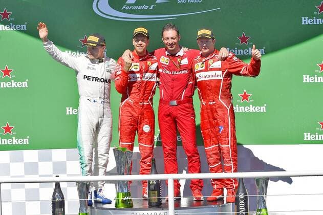 Formel 1, Sebastian Vettel gewinnt GP Brasilien Kimi Raikkonen (FIN 7), Scuderia Ferrari, Valtteri Bottas (FIN 77), Mercedes AMG Petronas Motorsport,Sebastian Vettel (GER 5), Scuderia Ferrari, Grosser Preis von Brasilien 2017, Rennen, Motorsport, Formel 1, 12.11.2017, Interlagos Copyright: xEIBNER JERRYxANDREx EP_JAE