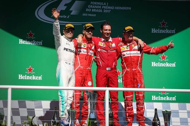Motorsports: FIA Formula One World Championship WM Weltmeisterschaft 2017, Grand Prix of Brazil, 77 Valtteri Bottas (FIN, Mercedes AMG Petronas F1 Team), 5 Sebastian Vettel (GER, Scuderia Ferrari), 7 Kimi Raikkonen (FIN, Scuderia Ferrari), Sao Paulo Brazil