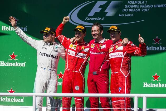 November 12, 2017 - Sao Paulo, Sao Paulo, Brazil - Nov, 2017 - Sao Paulo, Sao Paulo, Brazil - German driver SEBASTIAN VETTEL Scuderia Ferrari won the Brazilian Formula One Grand Prix on Sunday at the Interlagos autodromo in Sao Paulo. VALTTERI BOTTAS Mercedes AMG was second place, followed by filipinos KIMI RAIKKONEN Scuderia Ferrari. F1 2017: Brazil Grand Prix: Race - ZUMAc168 20171112_zap_c168_041 Copyright: xMarceloxChellox