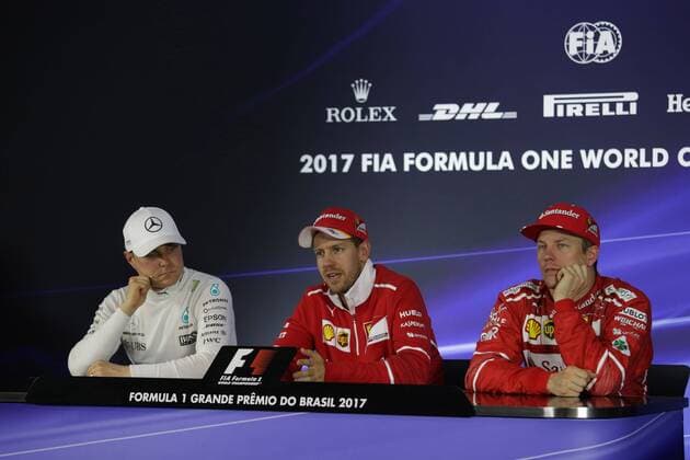 12.11.2017 - Race, press conference PK Pressekonferenz Valtteri Bottas (FIN) Mercedes AMG F1 W08, Sebastian Vettel (GER) Scuderia Ferrari SF70H and Kimi Raikkonen (FIN) Scuderia Ferrari SF70H Brazilian Grand Prix, Sao Paulo, Interlagos 9 - 12 November 2017 12.11.2017 - Race, Press conference, Valtteri Bottas (FIN) Mercedes AMG F1 W08, Sebastian Vettel (GER) Scuderia Ferrari SF70H and Kimi Raikkonen (FIN) Scuderia Ferrari SF70H 