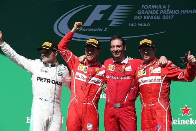 12.11.2017 - Race, 1st place Sebastian Vettel (GER) Scuderia Ferrari SF70H, 2nd place Valtteri Bottas (FIN) Mercedes AMG F1 W08 and 3rd place Kimi Raikkonen (FIN) Scuderia Ferrari SF70H Brazilian Grand Prix, Sao Paulo, Interlagos 9 - 12 November 2017 12.11.2017 - Race, 1st place Sebastian Vettel (GER) Scuderia Ferrari SF70H, 2nd place Valtteri Bottas (FIN) Mercedes AMG F1 W08 and 3rd place Kimi Raikkonen (FIN) Scuderia Ferrari SF70H 