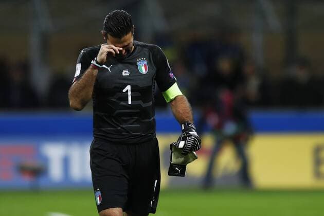 Italy s goalkeeper Gianluigi Buffon reacts after the final whistle in the 2018 Russia World Cup play-off 2nd leg between Italy 0-0 Sweden at the San Siro Stadium on November 13, 2017, in Milan, Italy. Sweden held Italy to a scoreless draw and qualified for the 2018 World Cup in Russia by virtue of a 1-0 victory in the first-leg. Noxthirdxpartyxsales  (oqma024338)