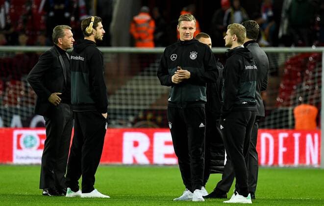 14.11.2017, xfux, Fussball Laenderspiel Freundschaftsspiel, Deutschland - Frankreich, emspor, v.l. Torwart Trainer Andreas Koepke (Deutsche Fussball Nationalmannschaft DFB), Kevin Trapp (Deutsche Fussball Nationalmannschaft DFB), Bernd Leno (Deutsche Fussball Nationalmannschaft DFB), Timo Werner (Deutsche Fussball Nationalmannschaft DFB) Koeln