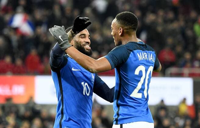 14.11.2017, xfux, Fussball Laenderspiel Freundschaftsspiel, Deutschland - Frankreich, emspor, v.l. Alexandre Lacazette (Frankreich), Anthony Martial (Frankreich) Torjubel, Goal celebration, celebrate the goal zum 0:1 Koeln