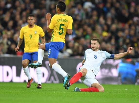 England v Brazil International Friendly L?nderspiel Eric Dier (c) of England and Casemiro of Brazil during the International Friendly match at Wembley Stadium, London Content Not Available For UK Newspapers Copyright: xSimonxDaelx FIL-10953-0012