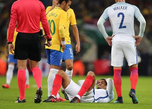 14th November 2017, Wembley Stadium, London, England; International football friendly, England versus Brazil; Ruben Loftus-Cheek of England goes down injured  ActionPlus11951264