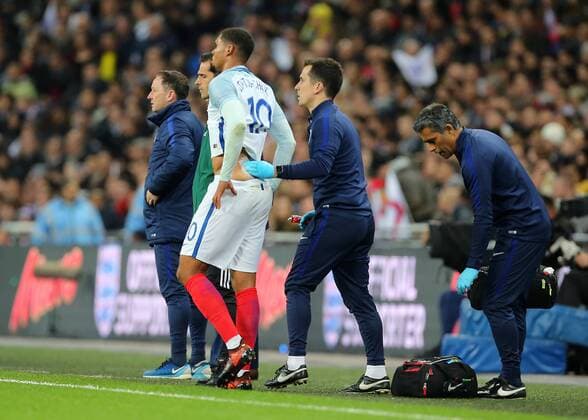 14th November 2017, Wembley Stadium, London, England; International football friendly, England versus Brazil; Ruben Loftus-Cheek of England receives treatment for a back injury  ActionPlus11951269