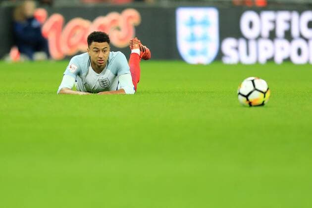 14th November 2017, Wembley Stadium, London, England; International football friendly, England versus Brazil; Jesse Lingard of England goes to ground as he is fouled  ActionPlus11951289