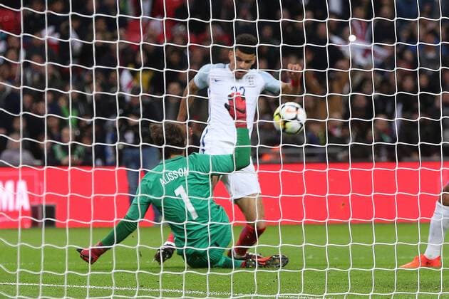 England v Brazil International Friendly L?nderspiel Dominic Solanke of England has a good chance to win it late on but is denied by Alisson of Brazil during the International Friendly match at Wembley Stadium, London Content Not Available For UK Newspapers Copyright: xPaulxChestertonx FIL-10952-0041