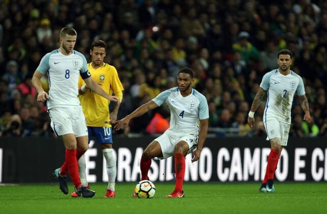 Eric Dier of England Neymar Jr (Brazil) Joe Gomez of England, Kyle Walker of England at the England v Brazil International Friendly Länderspiel match at Wembley Stadium, London, on November 14, 2017. 