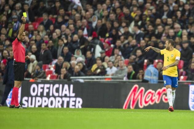 Dani Alves of Brazil see s the funny side after receiving a caution from Match Referee Artur Manuel Ribeiro during the International Friendly Länderspiel match between England and Brazil at Wembley Stadium, London, England on 14 November 2017. Copyright: xDarrenxMusgrovex 17720078