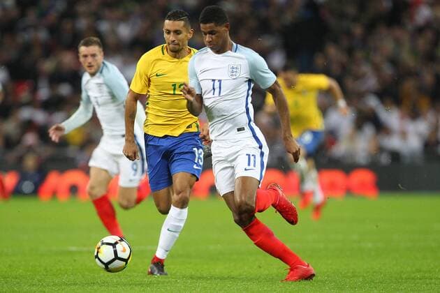 England v Brazil International Friendly L?nderspiel Marquinhos of Brazil and Marcus Rashford of England in action during the International Friendly match at Wembley Stadium, London Content Not Available For UK Newspapers Copyright: xPaulxChestertonx FIL-10952-0111