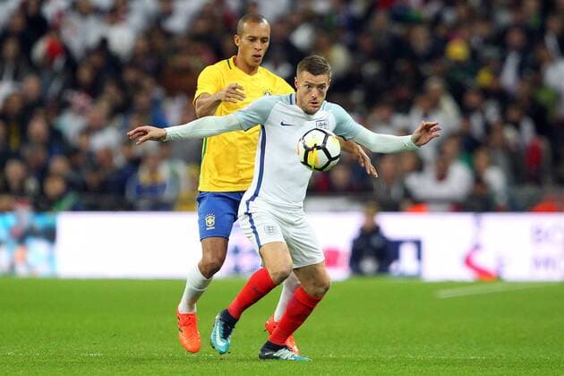 England v Brazil International Friendly L?nderspiel Miranda of Brazil and Jamie Vardy of England in action during the International Friendly match at Wembley Stadium, London Content Not Available For UK Newspapers Copyright: xPaulxChestertonx FIL-10952-0148
