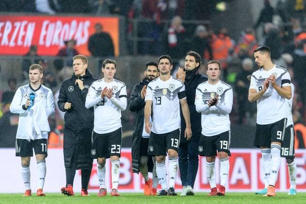 vl: Timo Werner (GER 11), Marcel Halstenberg (GER 25), Sebastian Rudy (GER 23), Ilkay Guendogan (GER 21), Lars Stindl (GER 13), Mats Hummels (GER 5), Mario Goetze (GER 19) und Sandro Wagner (GER 9) beim Freundschaftsspiel zwischen Deutschland und Frankreich am 14.11.2017 in Koeln, Koeln Copyright: xSchülerx xEibner-Pressefotox EP_jse