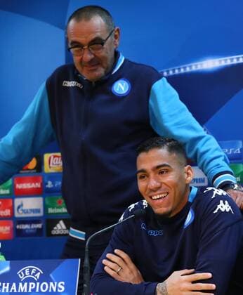 Maurizio Sarri Napoli e Marques Loureiro Allan Napoli Conferenza stampa e allenamento, press conference PK Pressekonferenz and training Castel Volturno 20-11-2017 Football Calcio UEFA Champions League 2017 2018 Napoli - Shakhtar Donetsk Group F Foto Cesare Purini Insidefoto cesarexpurini