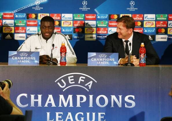 RB Leipzig - PK Fussball Champions League Monaco, 20.11.2017, Stade Louis II, Fussball, UEFA Champions League, Gruppe G, 5. Spieltag, Pressekonferenz am Vortag des Spiels AS Monaco vs. RB Leipzig , Im Bild: Dayot Upamecano (l., Spieler RB Leipzig) und Trainer Ralph Hasenhüttl Hasenhuettl (RB Leipzig) ,
