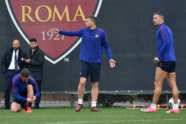Daniele De Rossi, Edin Dzeko, Aleksandar Kolarov Roma 21-11-2017 Centro Sportivo Trigoria AS Roma Champions League training 2017 2018 Foto Andrea Staccioli Insidefoto andreaxstaccioli