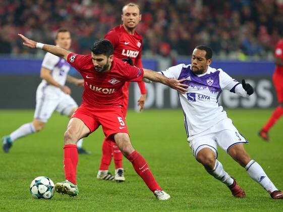 MOSCOW, RUSSIA - NOVEMBER 21, 2017: Spartak Moscow s Serdar Tasci (L) and Maribor s Marcos Tavares (R) in the 2017 UEFA Champions League Group E football match between Spartak Moscow and Maribor at Otkrytiye Arena (Spartak Stadium); the match ended in a 1-1 draw. Anton Novoderezhkin TASS  TS06A080