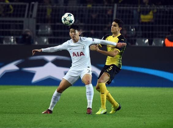 21.11.2017, xhbx, Fussball Champions League, Borussia Dortmund - Tottenham Hotspur, emspor, v.l. Heung-Min Son (Tottenham Hotspur), Marc Bartra (Borussia Dortmund) Dortmund