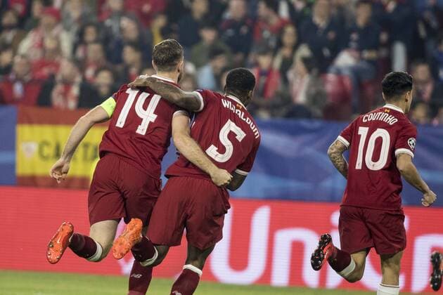 November 21, 2017 - Seville, Spain - GEORGINA WIJNALDUM (R ) and JORDAN HENDERSON of Liverpooll celebrate after Liverpool scores 1-0 during the UEFA Champions League Group E soccer match between Sevilla FC and Liverpool FC at Estadio Ramon Sanchez Pizjuan Soccer 2017 - Sevilla FC vs Liverpool FC - ZUMAa142 20171121_zap_a142_004 Copyright: xDanielxGonzalezxAcunax