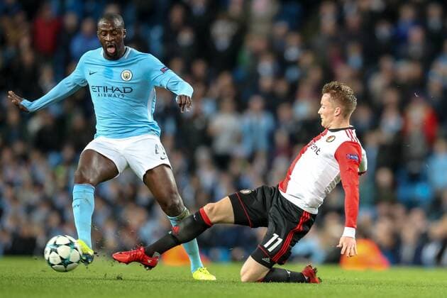 21st November 2017, Etihad Stadium, Manchester, England; UEFA Champions League, Manchester City versus Feyenoord; Sam Larsson of Feyenoord tries to get the ball off Eliaquim Mangala of Manchester City  ActionPlus11954380