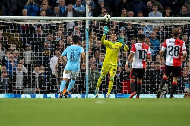 21st November 2017, Etihad Stadium, Manchester, England; UEFA Champions League, Manchester City versus Feyenoord; Raheem Sterling of Manchester City forces a save from Brad Jones of Feyenoord  ActionPlus11954384