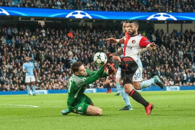 Manchester City v Feyenoord Rotterdam UEFA Champions League Manchester City goalkeeper Ederson challenges Tonny Vilhena of Feyenoord Rotterdam during the UEFA Champions League match at the Etihad Stadium, Manchester Content Not Available For UK Newspapers Copyright: xMattxWilkinsonx FIL-10984-0025