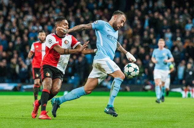 Manchester City v Feyenoord Rotterdam UEFA Champions League Nicol?s Otamendi of Manchester City holds off Jean-Paul Boetius of Feyenoord Rotterdam during the UEFA Champions League match at the Etihad Stadium, Manchester Content Not Available For UK Newspapers Copyright: xMattxWilkinsonx FIL-10984-0028