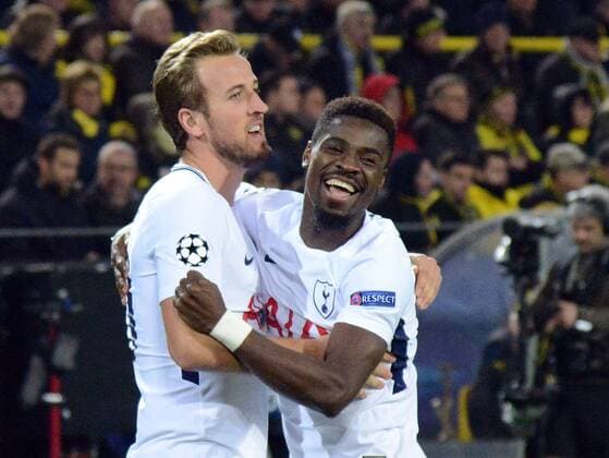 21.11.2017, xhbx, Fussball Champions League, Borussia Dortmund - Tottenham Hotspur, emspor, v.l. Torjubel, Goal celebration, celebrate the goal 1:0 Harry Kane (Tottenham Hotspur), Serge Aurier (Tottenham Hotspur) Dortmund