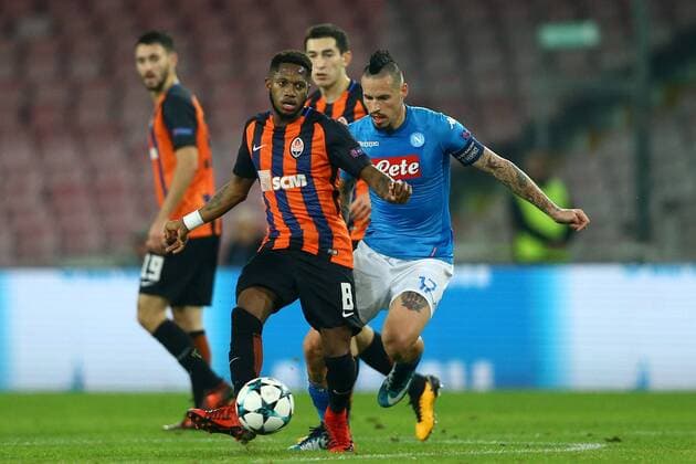 November 21, 2017 - Naples, Italy - Fred of Shakhtar Donetsk vies Marek Hamsik of Napoli during the UEFA Champions League Group F football match Napoli vs Shakhtar Donetsk on November 21, 2017 at the San Paolo stadium in Naples. SSC Napoli v Shakhtar Donetsk - UEFA Champions League  - ZUMAn230 20171121_zaa_n230_258 Copyright: xMatteoxCiambellix