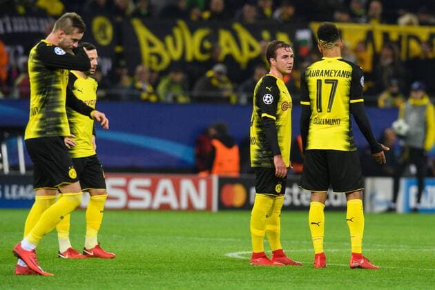 GER, UEFA CL, Borussia Dortmund (GER) vsÊTottenham Hotspur FC (ENG) 21.11.2017, Signal Iduna Park, Dortmund, Group stage, Gruppe H, GER, UEFA CL, Borussia Dortmund (GER) vsÊTottenham Hotspur FC (ENG), im Bild Andrey Yarmolenko ( 9 Dortmund), Gonzalo Castro ( 27 Dortmund), Mario Götze Goetze ( 10 Dortmund), Pierre-Emerick Aubameyang ( 17 Dortmund) enttäuscht enttaeuscht traurig nach 1-2 Tottenham