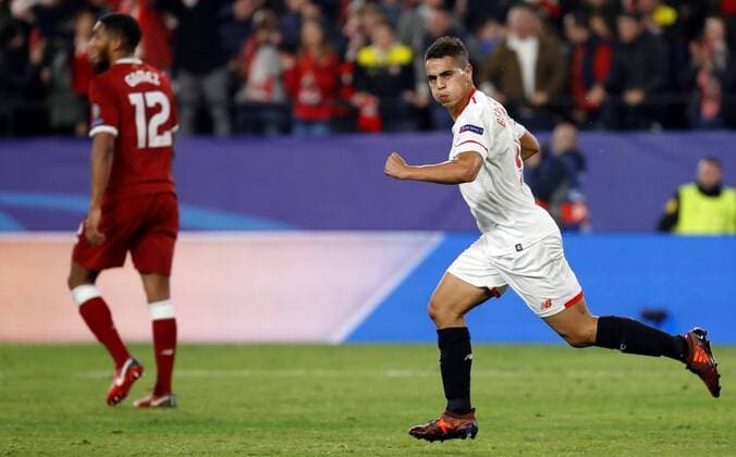 Sevilla s Israeli striker Wissam Ben Yedder (R) reacts after scoring the second goal of the team during the UEFA Champions League 5th round groups phase match bewteen Sevilla FC and Liverpool at the Sanchez Pizjuan stadium in Seville, Andalusia, Spain, 21 November 2017. Sevilla vs. Liverpool !ACHTUNG: NUR REDAKTIONELLE NUTZUNG!  Copyright: xJulioxMunozx SEV037 20171121-636469007675890127