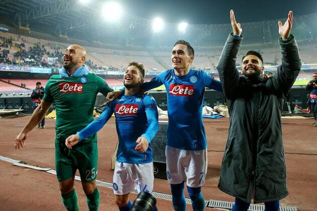 Pepe Reina, Dries Mertens, jose Callejon Napoli, Lorenzo Insigne Esultanza Celebration Napoli 21-11-2017 Stadio San Paolo Champions League 2017 2018 Group F Napoli - Shakhtar Donetsk Foto Cesare Purini Insidefoto cesarexpurini