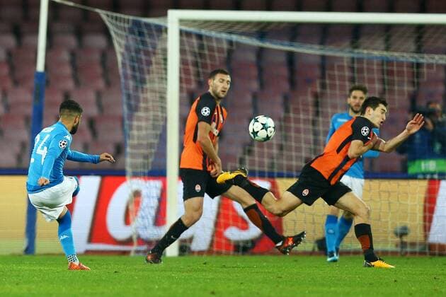 November 21, 2017 - Naples, Italy - Lorenzo Insigne of Napoli scoring the goal of 1-0 during the UEFA Champions League Group F football match Napoli vs Shakhtar Donetsk on November 21, 2017 at the San Paolo stadium in Naples. SSC Napoli v Shakhtar Donetsk - UEFA Champions League  - ZUMAn230 20171121_zaa_n230_353 Copyright: xMatteoxCiambellix