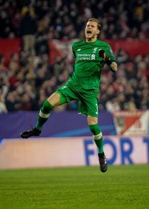 21st November 2017, Ramon Sanchez Pizjuan, Seville, Spain; UEFA Champions League, Seville versus Liverpool; Karius celebrates his teams goal for 1-0 for Liverpool in the 2nd minute  ActionPlus11954484
