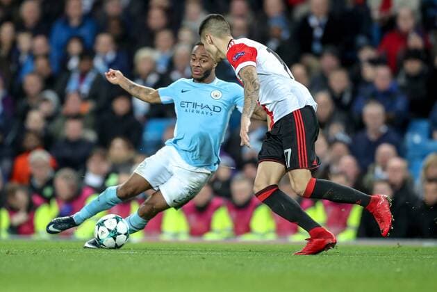 21st November 2017, Etihad Stadium, Manchester, England; UEFA Champions League, Manchester City versus Feyenoord; Raheem Sterling of Manchester City jinks left and right  ActionPlus11954545