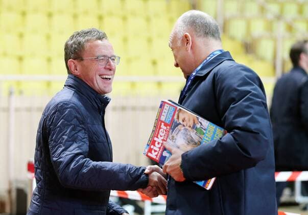AS Monaco - RB Leipzig Fussball Champions League Monaco, 21.11.2017, Stade Louis II, Fussball, Champions League, Gruppe G, 5. Spieltag , AS Monaco vs. RB Leipzig 1:4 (1:4) , Im Bild v.l.: Sportdirektor Ralf Rangnick (RB Leipzig) und Frank Buschmann, Kommentator bei SKY ,