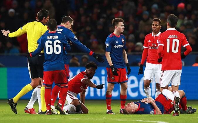MOSCOW, RUSSIA â€“ NOVEMBER 22, 2017: Benfica Lisbonâ€™s Eliseu and CSKA Moscow s Pontus Wernbloom (L-R on the ground) injured in their 2017 18 UEFA Champions League Group A Round 5 football match at VEB Arena. Sergei Fadeichev TASS  TS06A2D0