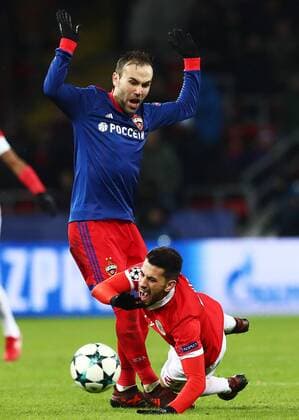 MOSCOW, RUSSIA â€“ NOVEMBER 22, 2017: CSKA Moscow s Bibras Natkho (L) and Benfica Lisbonâ€™s Pizzi in their 2017 18 UEFA Champions League Group A Round 5 football match at VEB Arena; CSKA won 2-0. Stanislav Krasilnikov TASS  TS06A2EE