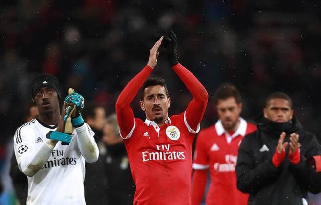 MOSCOW, RUSSIA â€“ NOVEMBER 22, 2017: Benfica Lisbon goalkeeper Bruno Varela and his teammate Andre Almeida (L-R) after their 2017 18 UEFA Champions League Group A Round 5 football match against CSKA Moscow at VEB Arena; CSKA won 2-0. Sergei Fadeichev TASS  TS06A31E