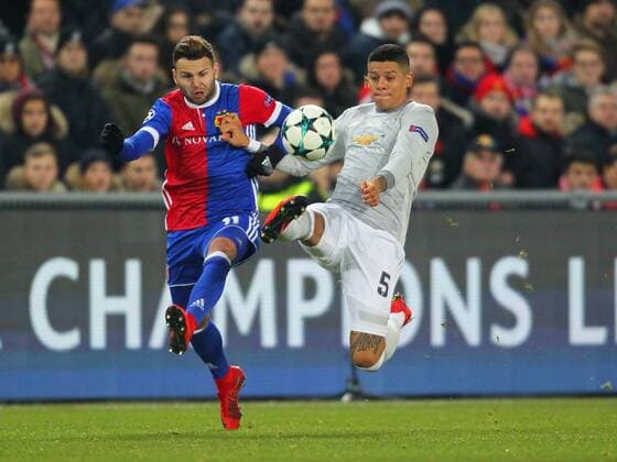 FC Basel v Manchester United ManU UEFA Champions League Renato Steffen of FC Basel and Marcos Rojo of Manchester United during the UEFA Champions League match at St. Jakob-Park, Basel Content Not Available For UK Newspapers Copyright: xYannisxHalasx FIL-10987-0014