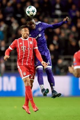 BRUSSELS, BELGIUM - NOVEMBER 22 : Kara Serigne Modou Mbodji defender of RSC Anderlecht battles for the ball with Corentin Tolisso midfielder of Bayern FOOTBALL : Anderlecht vs Bayern Munich - Ligue des Champions - 22 11 2017 PhotoNews Panoramic  775030972