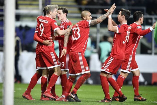 Bayern s Robert Lewandowski celebrates after scoring during a soccer match between Belgian club RSC Anderlecht and German team FC Bayern Munchen, Wednesday 22 November 2017 in Brussels, game five out of six in the group stage (Group B) of the UEFA Champions League competition. YORICKxJANSENS  x05206693x