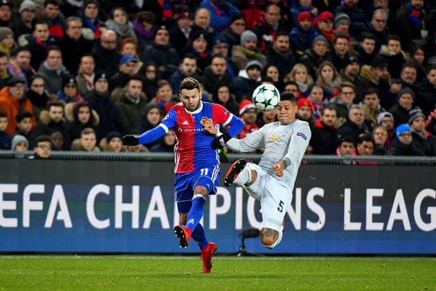 22nd November 2017, St Jakob-Park, Basel, Switzerland; UEFA Champions League, FC Basel versus Manchester United ManU Renato Steffen of FC Basel challenges Marcus Rojo of Manchester United for the ball  ActionPlus11954750
