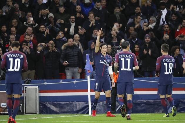 Edinson Roberto Paulo Cavani Gomez (psg) (El Matador) (El Botija) (Florestan) inscrit un nouveau but servit dans les pieds par Layvin Kurzawa (psg), joie avec Angel Di Maria (psg), Giovani Lo Celso (PSG), Neymar da Silva Santos Junior - Neymar Jr (PSG) FOOTBALL : PARIS SAINT GERMAIN v CELTIC - UEFA CHAMPIONS LEAGUE - 22 11 2017 StephaneAllaman Panoramic 