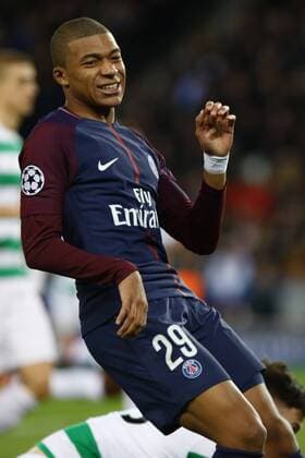 November 22, 2017 - Paris, France - Paris Saint-Germain s French striker Kylian Mbappe celebrates after scoring his team s fourth goal during the UEFA Champions League Group B football match between Paris Saint-Germain (PSG) and Glasgow Celtic at Parc des Princes Stadium in Paris on November 22, 2017. Paris Saint-Germain v Celtic FC - UEFA Champions League  - ZUMAn230 20171122_zaa_n230_699 Copyright: xMehdixTaamallahx